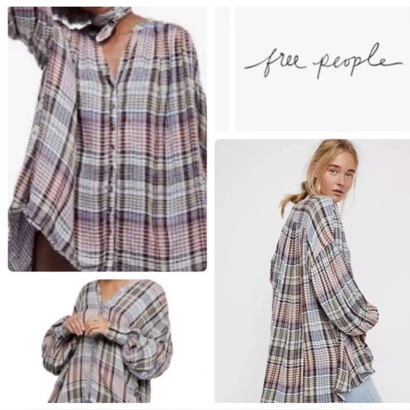 Free People Come On Over Plaid Oversized Button-Front Long Sleeve, Size Medium - Picture 2 of 9